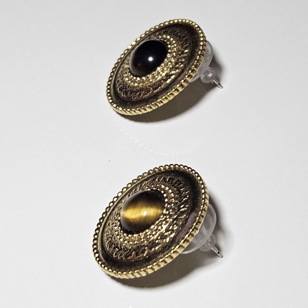 **Final Sale** Vintage 1928 Gold Tone Round Brown Tiger's Eye Earrings - Picture 9 of 12
